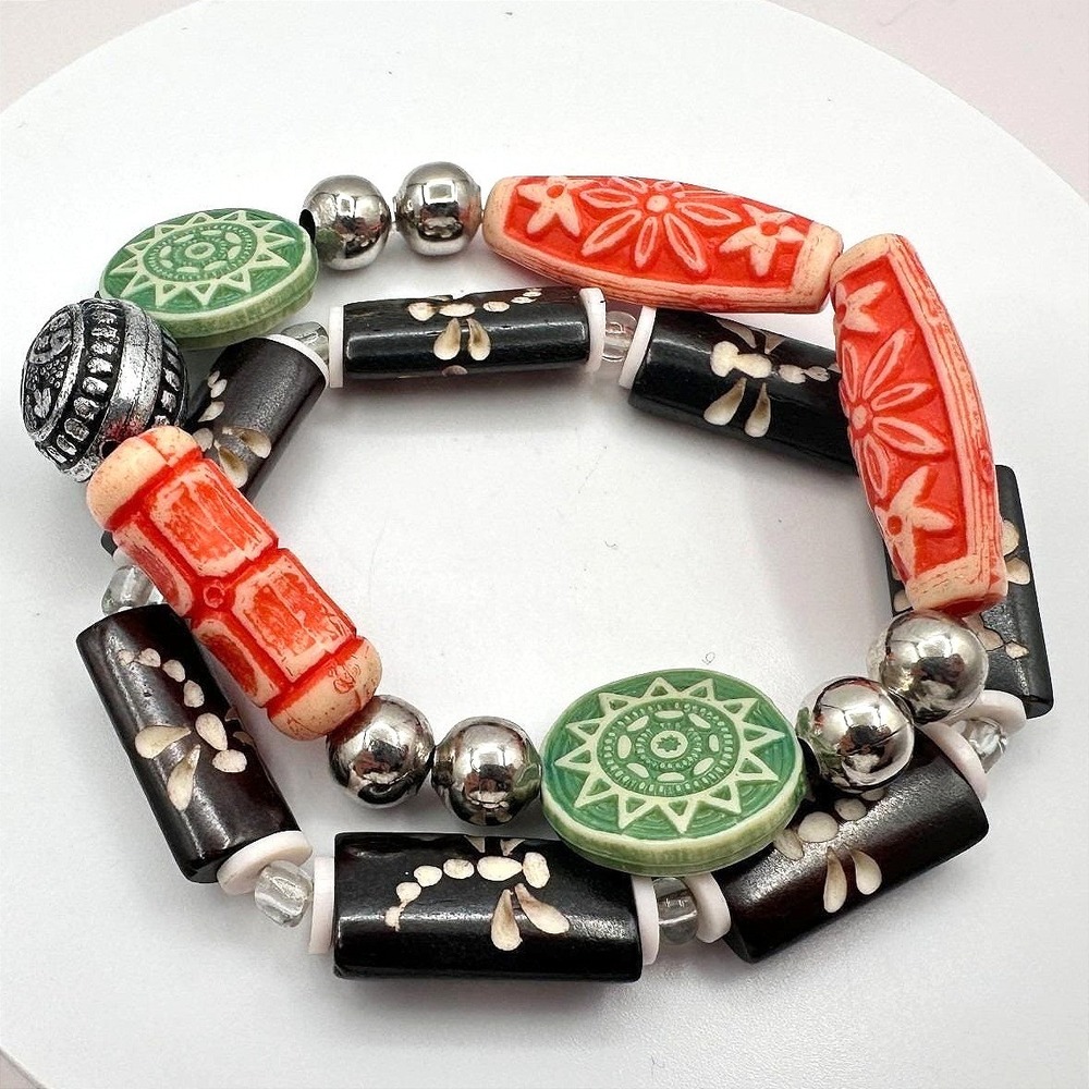 Vintage Silver Tone Chunky Beaded Bracelet Set Boho Retro Carved Multi Color Y2K